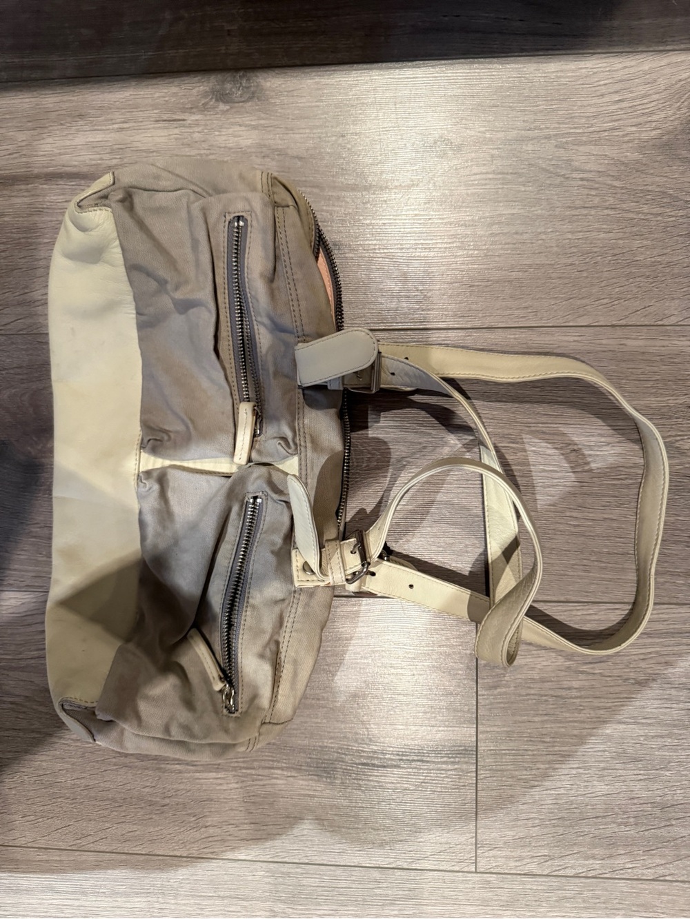 Y2K Two-Tone Beige Canvas & Leather Shoulder Bag